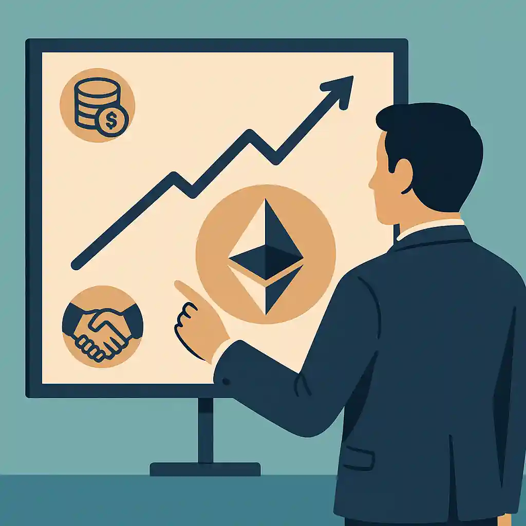 Businessman points to rising Ethereum chart with dollar coin and handshake icons, representing GameSquare’s Ethereum treasury move.