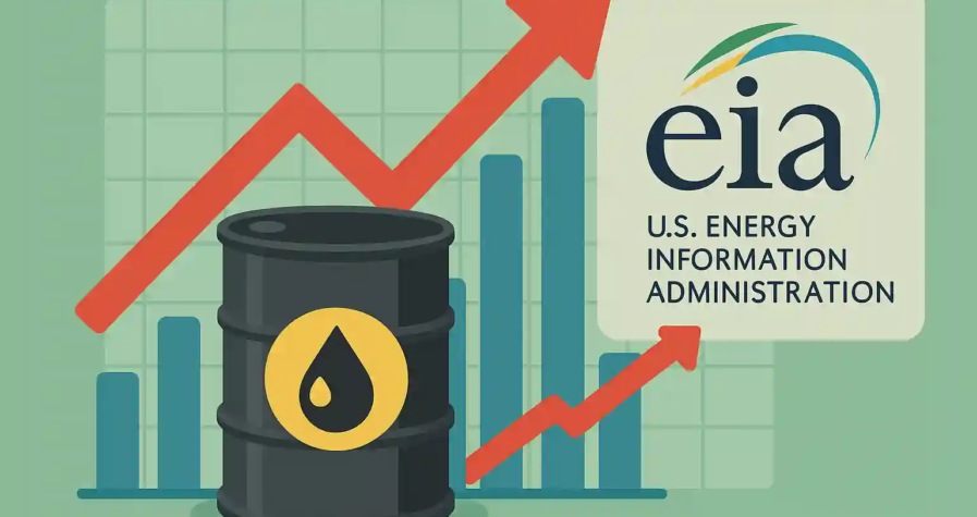 Illustration d'un baril de pétrole devant un graphique haussier et le logo de l'EIA