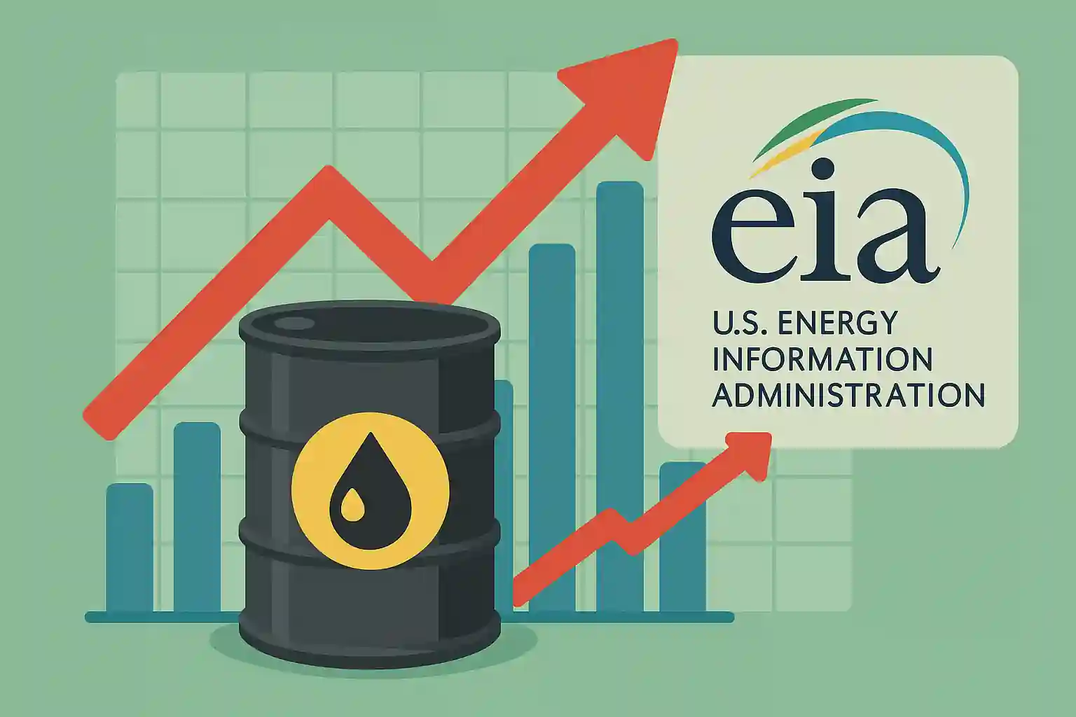 Illustration d'un baril de pétrole devant un graphique haussier et le logo de l'EIA