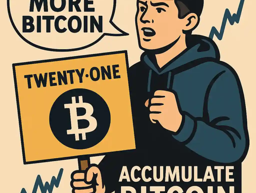 Jack Mallers brandissant un panneau “Buy More Bitcoin” avec le logo de Twenty One, illustrant sa stratégie post-introduction en Bourse