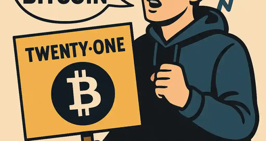 Jack Mallers brandissant un panneau “Buy More Bitcoin” avec le logo de Twenty One, illustrant sa stratégie post-introduction en Bourse