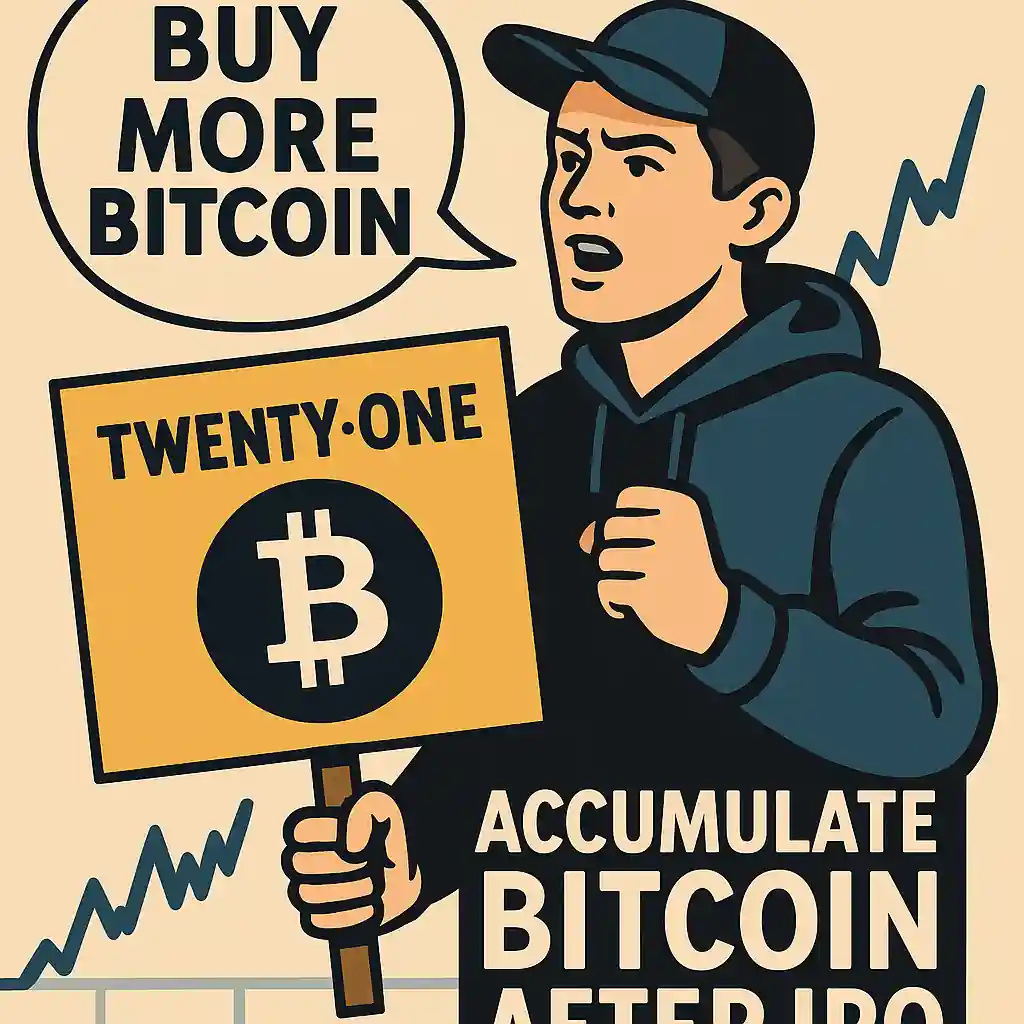 Jack Mallers brandissant un panneau “Buy More Bitcoin” avec le logo de Twenty One, illustrant sa stratégie post-introduction en Bourse