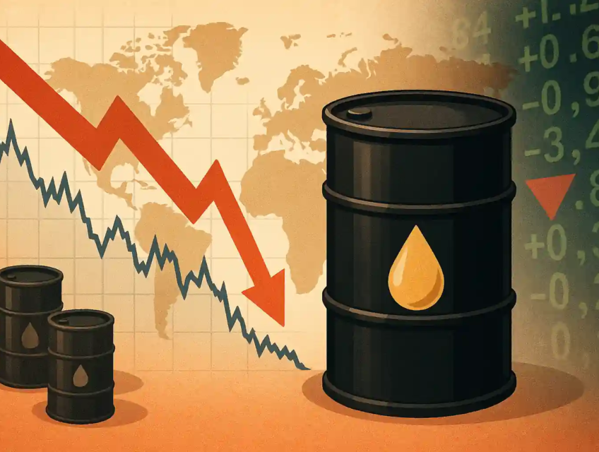 Illustration d’un baril de pétrole devant une carte du monde et un graphique en baisse représentant le recul des prix du pétrole.
