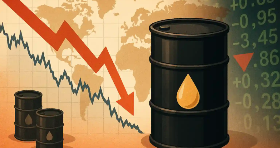 Illustration d’un baril de pétrole devant une carte du monde et un graphique en baisse représentant le recul des prix du pétrole.