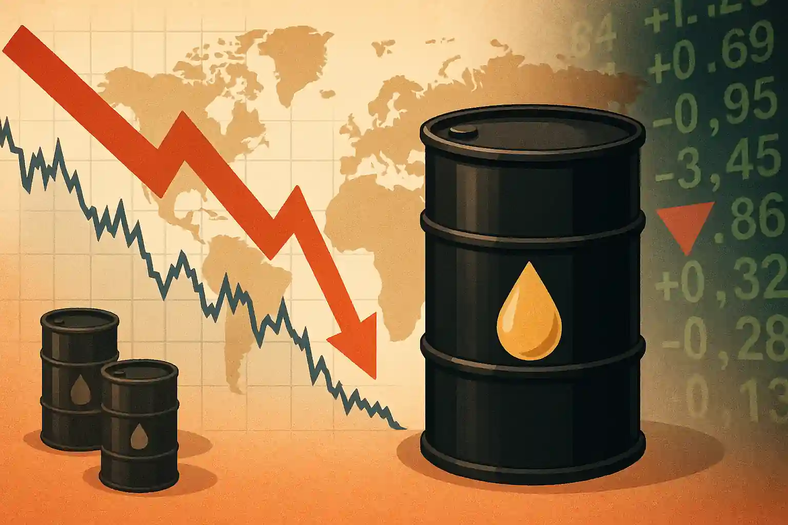 Illustration d’un baril de pétrole devant une carte du monde et un graphique en baisse représentant le recul des prix du pétrole.