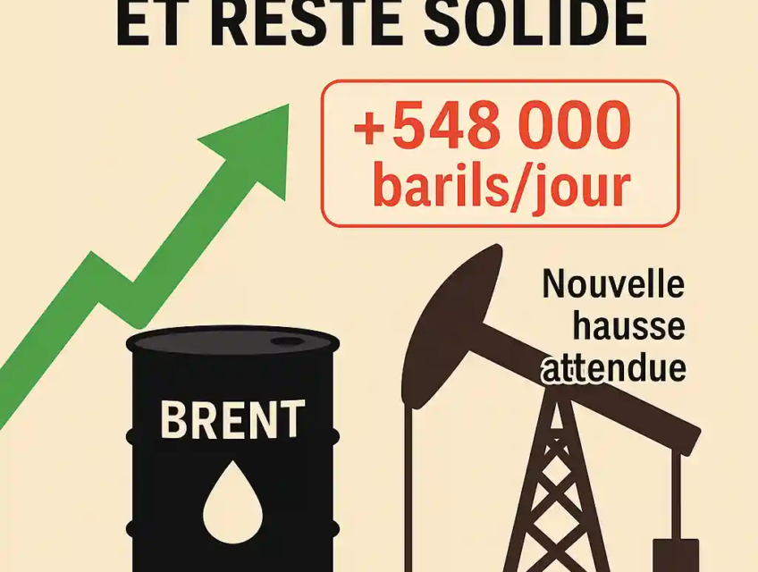 Illustration montrant un baril de Brent, une flèche verte ascendante, un derrick pétrolier, et une hausse de production de +548 000 barils/jour.