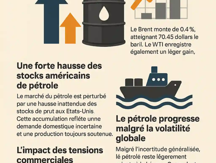 Infographie illustrant la hausse modérée du pétrole dans un contexte de tensions géopolitiques et de stocks élevés aux États-Unis.