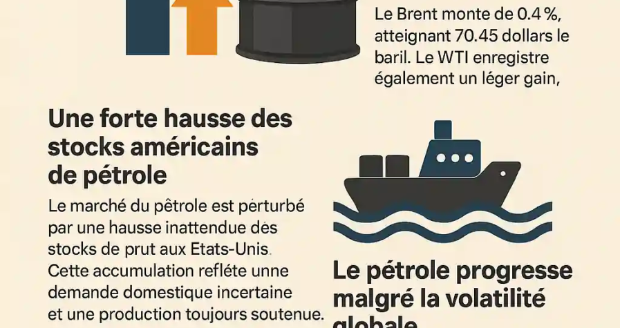 Infographie illustrant la hausse modérée du pétrole dans un contexte de tensions géopolitiques et de stocks élevés aux États-Unis.