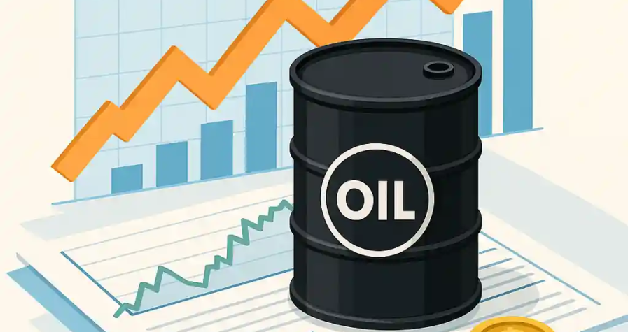 Illustration d'un baril de pétrole noir sur des graphiques financiers avec une flèche orange montante