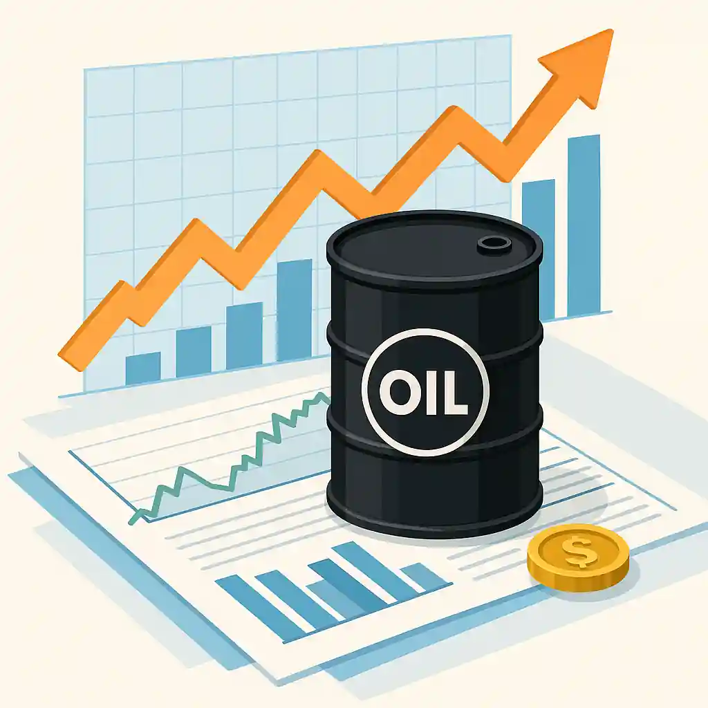 Illustration d'un baril de pétrole noir sur des graphiques financiers avec une flèche orange montante