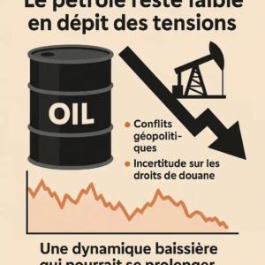Infographie montrant un baril de pétrole, une flèche baissière, une pompe et un graphique baissier, expliquant la faiblesse des prix malgré les tensions.