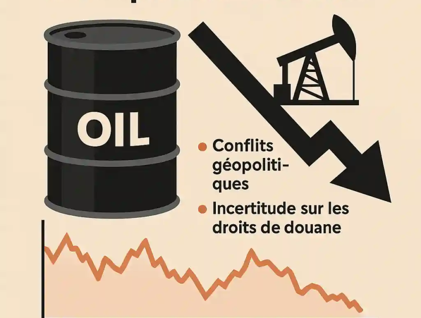 Infographie montrant un baril de pétrole, une flèche baissière, une pompe et un graphique baissier, expliquant la faiblesse des prix malgré les tensions.