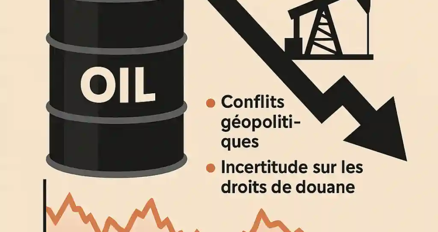 Infographie montrant un baril de pétrole, une flèche baissière, une pompe et un graphique baissier, expliquant la faiblesse des prix malgré les tensions.