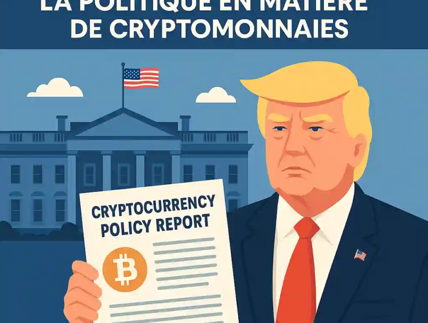 Illustration numérique en flat design montrant un bureau gouvernemental symbolisant la Maison Blanche, un rapport officiel posé sur un pupitre, une pièce de Bitcoin stylisée en fond, et des icônes réglementaires représentant la CFTC, la fiscalité, et les stablecoins.
