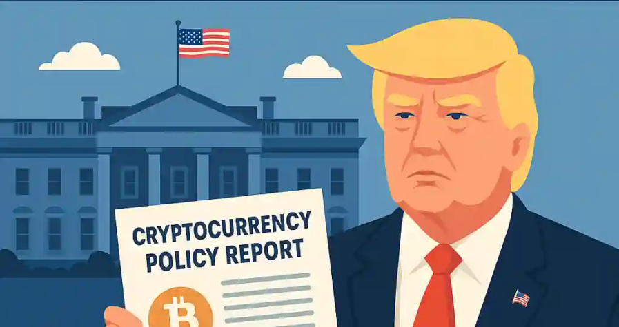 Illustration numérique en flat design montrant un bureau gouvernemental symbolisant la Maison Blanche, un rapport officiel posé sur un pupitre, une pièce de Bitcoin stylisée en fond, et des icônes réglementaires représentant la CFTC, la fiscalité, et les stablecoins.