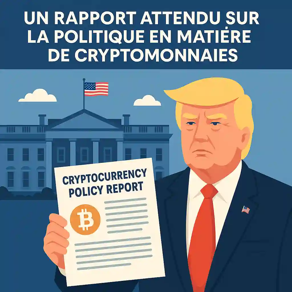 Illustration numérique en flat design montrant un bureau gouvernemental symbolisant la Maison Blanche, un rapport officiel posé sur un pupitre, une pièce de Bitcoin stylisée en fond, et des icônes réglementaires représentant la CFTC, la fiscalité, et les stablecoins.