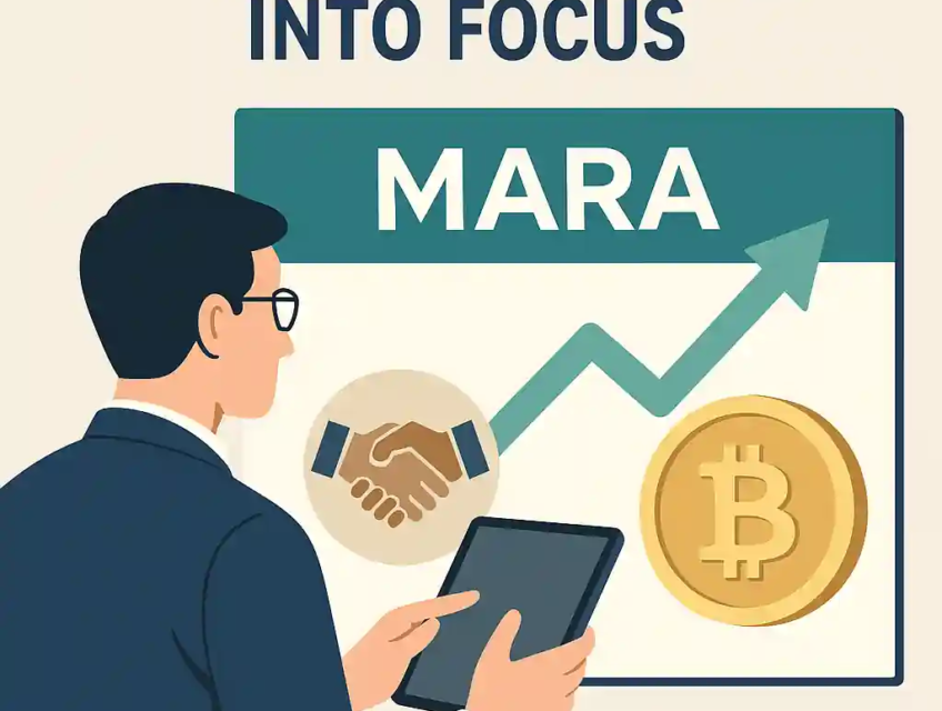 Businessman reviewing MARA stock performance on screen with upward arrow, Bitcoin symbol, and handshake icon.