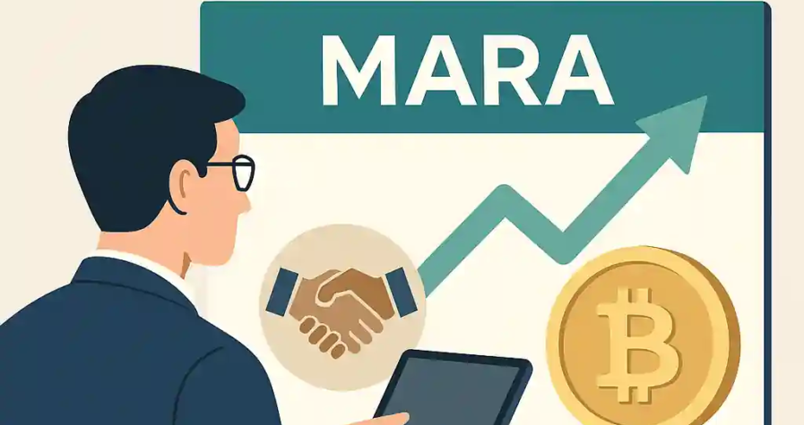 Businessman reviewing MARA stock performance on screen with upward arrow, Bitcoin symbol, and handshake icon.