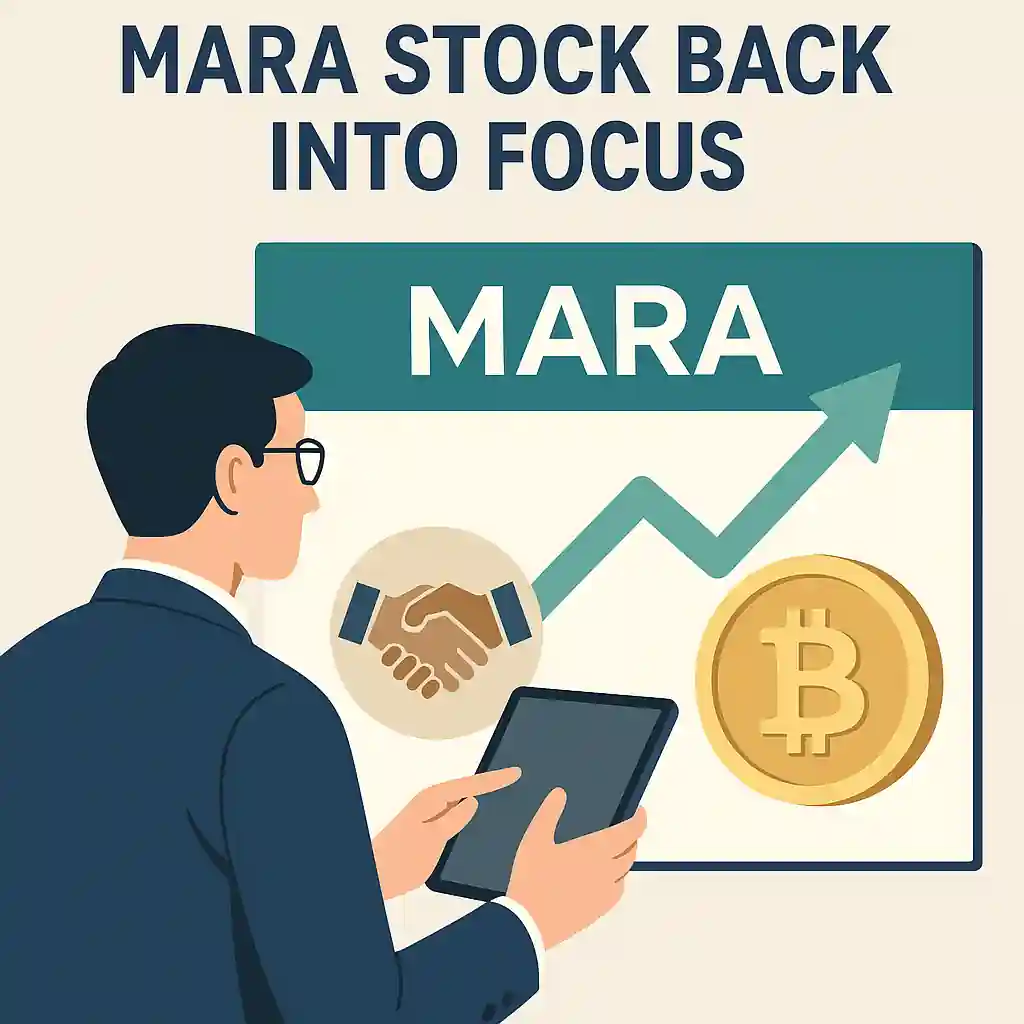 Businessman reviewing MARA stock performance on screen with upward arrow, Bitcoin symbol, and handshake icon.