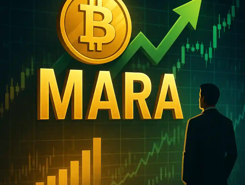 MARA stock rising with Bitcoin symbol, green arrow, candlestick charts and investor silhouette