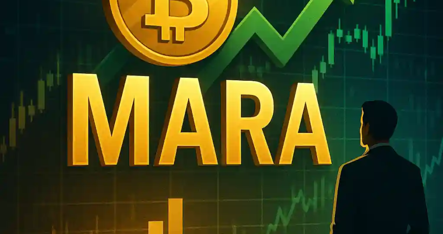 MARA stock rising with Bitcoin symbol, green arrow, candlestick charts and investor silhouette