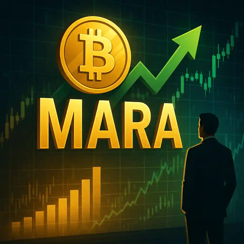 MARA stock rising with Bitcoin symbol, green arrow, candlestick charts and investor silhouette
