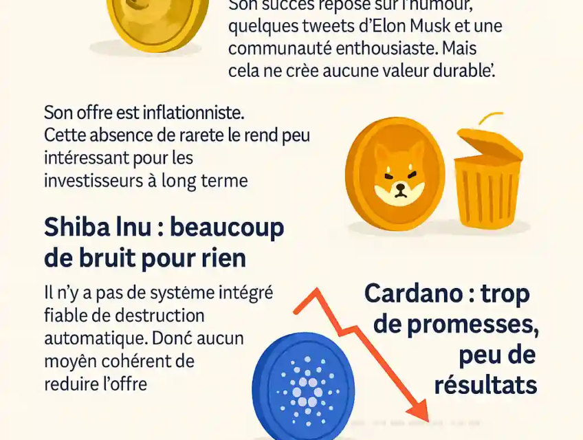 Infographie comparant Dogecoin, Shiba Inu et Cardano, mettant en évidence leur manque de rareté, d’utilité concrète et de création de valeur durable.