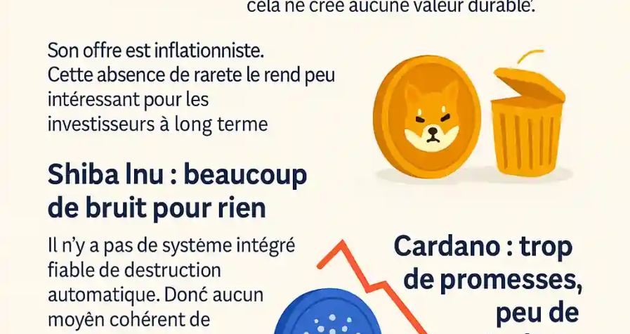 Infographie comparant Dogecoin, Shiba Inu et Cardano, mettant en évidence leur manque de rareté, d’utilité concrète et de création de valeur durable.