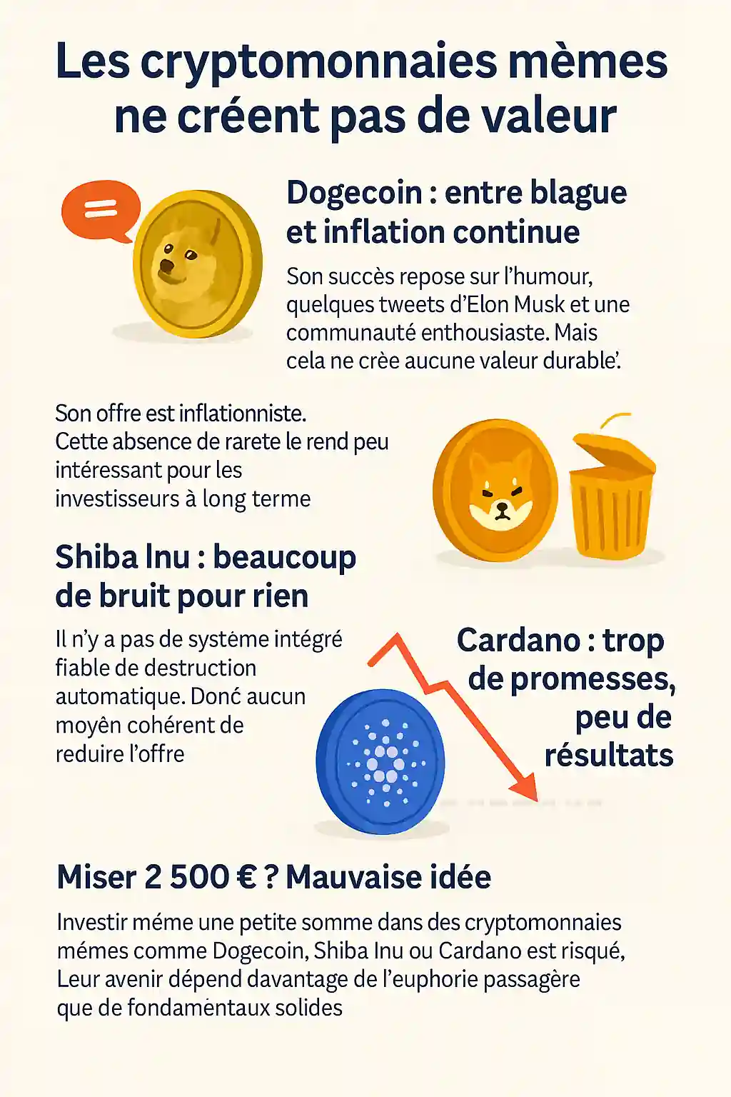 Infographie comparant Dogecoin, Shiba Inu et Cardano, mettant en évidence leur manque de rareté, d’utilité concrète et de création de valeur durable.