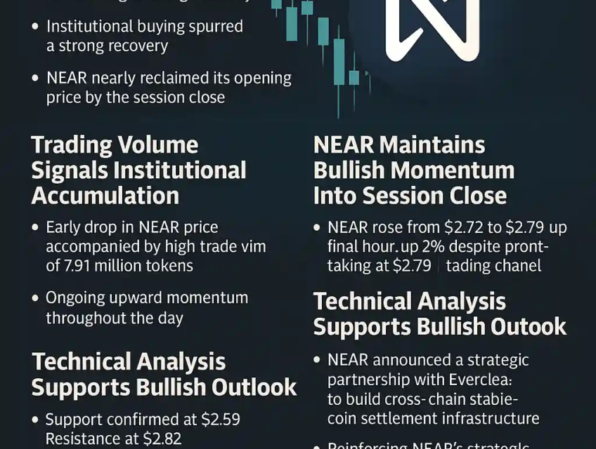 A digital financial infographic showing the NEAR cryptocurrency logo with a background of candlestick charts, rising green arrows, and interconnected blockchain symbols, symbolizing market recovery and cross-chain partnership.