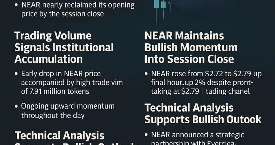 A digital financial infographic showing the NEAR cryptocurrency logo with a background of candlestick charts, rising green arrows, and interconnected blockchain symbols, symbolizing market recovery and cross-chain partnership.