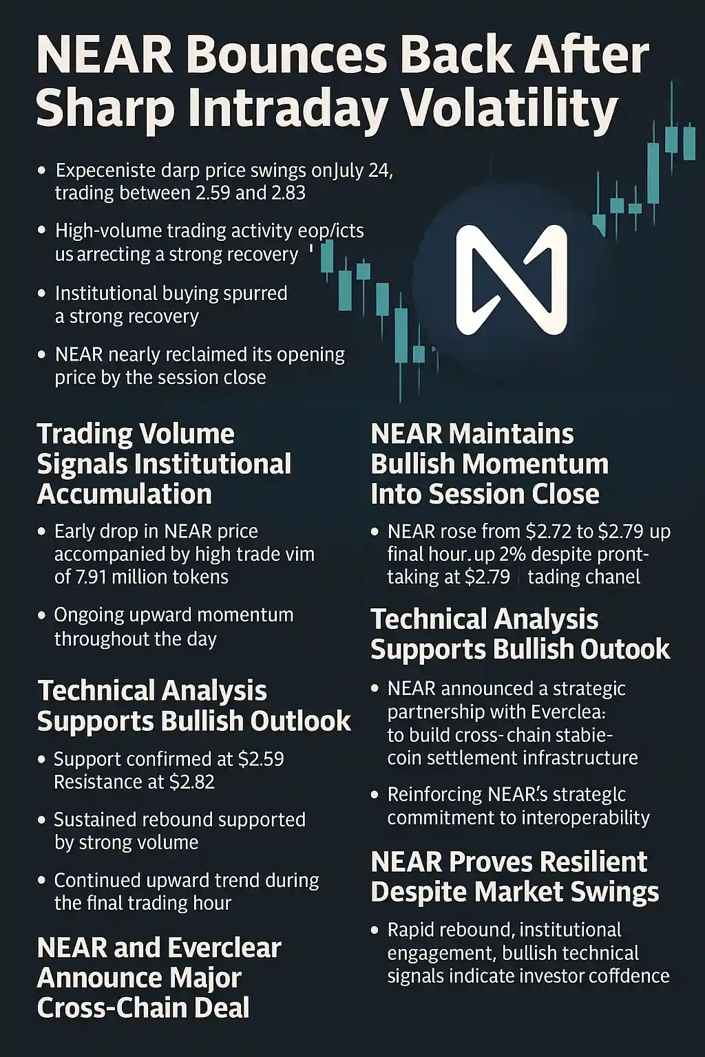 A digital financial infographic showing the NEAR cryptocurrency logo with a background of candlestick charts, rising green arrows, and interconnected blockchain symbols, symbolizing market recovery and cross-chain partnership.