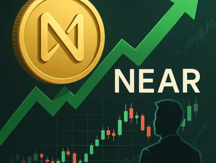 Golden NEAR coin with green upward arrow and candlestick charts symbolizing bullish recovery