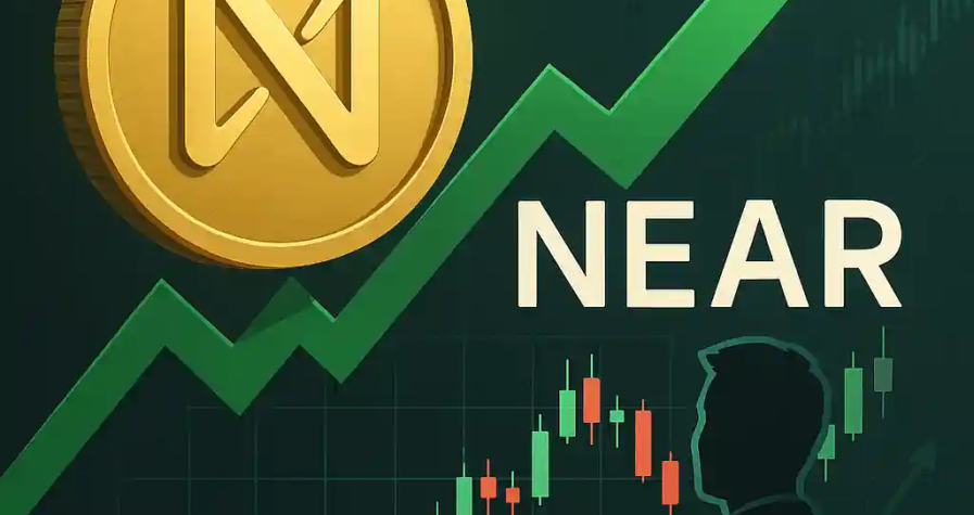 Golden NEAR coin with green upward arrow and candlestick charts symbolizing bullish recovery