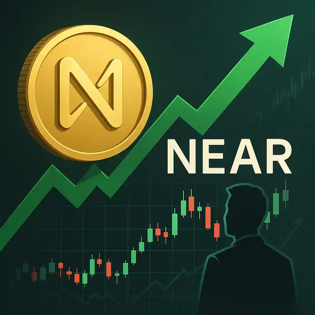 Golden NEAR coin with green upward arrow and candlestick charts symbolizing bullish recovery