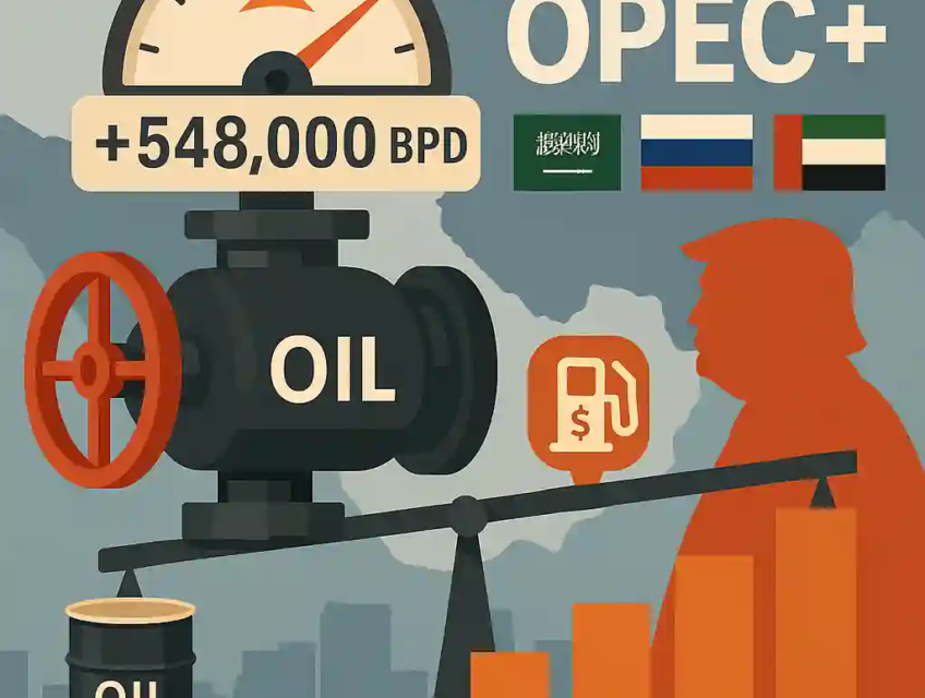 Oil valve with gauge showing +548,000 bpd, OPEC+ country flags, and rising production bar chart.