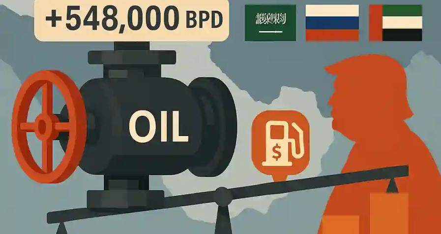 Oil valve with gauge showing +548,000 bpd, OPEC+ country flags, and rising production bar chart.