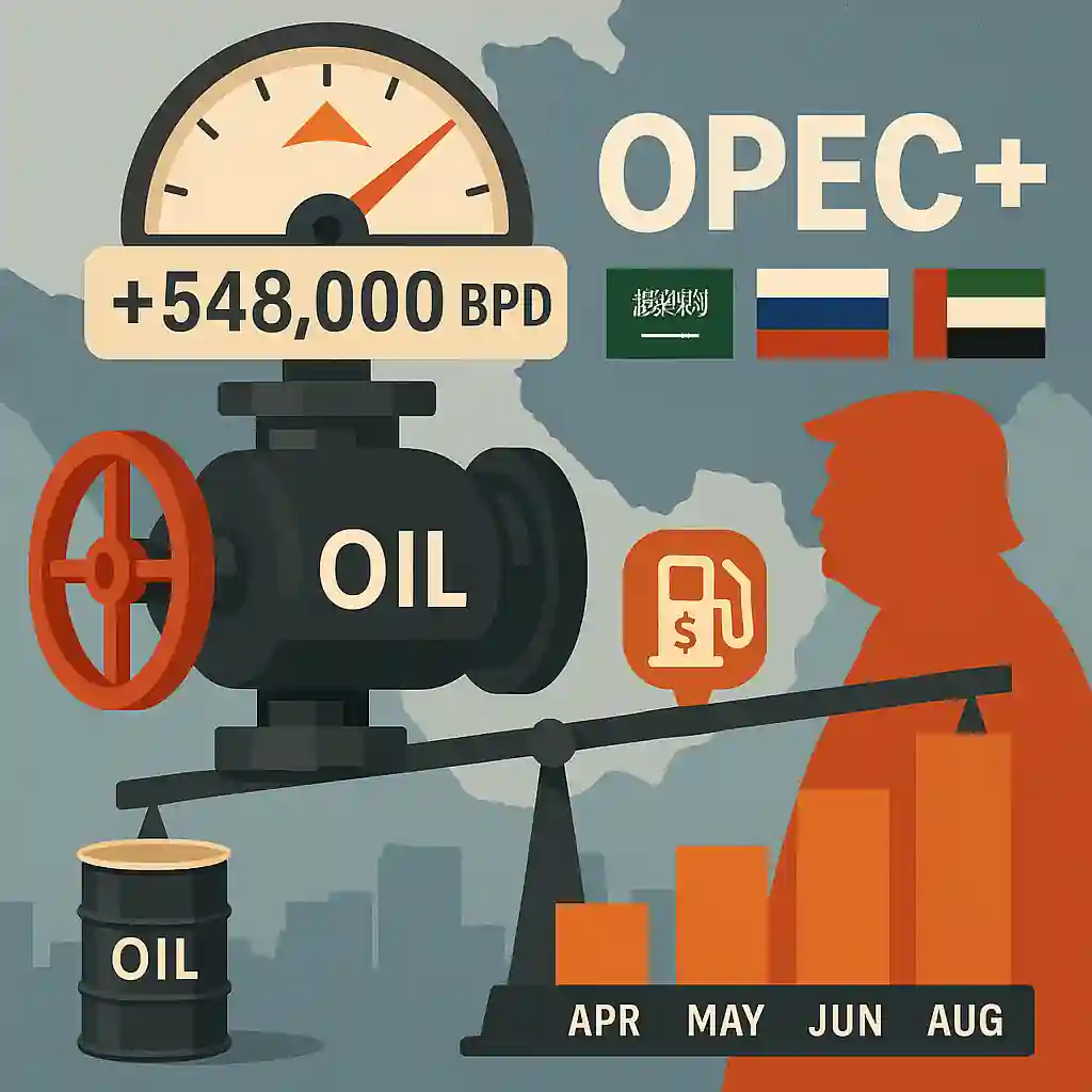 Oil valve with gauge showing +548,000 bpd, OPEC+ country flags, and rising production bar chart.