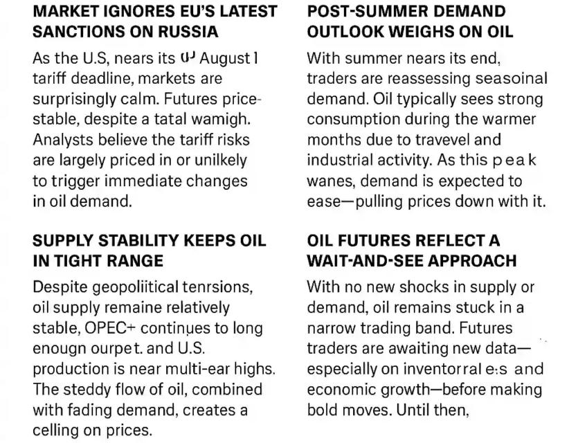 Infographic showing oil prices slipping due to weak demand, muted reaction to EU sanctions on Russia, and fading summer consumption.