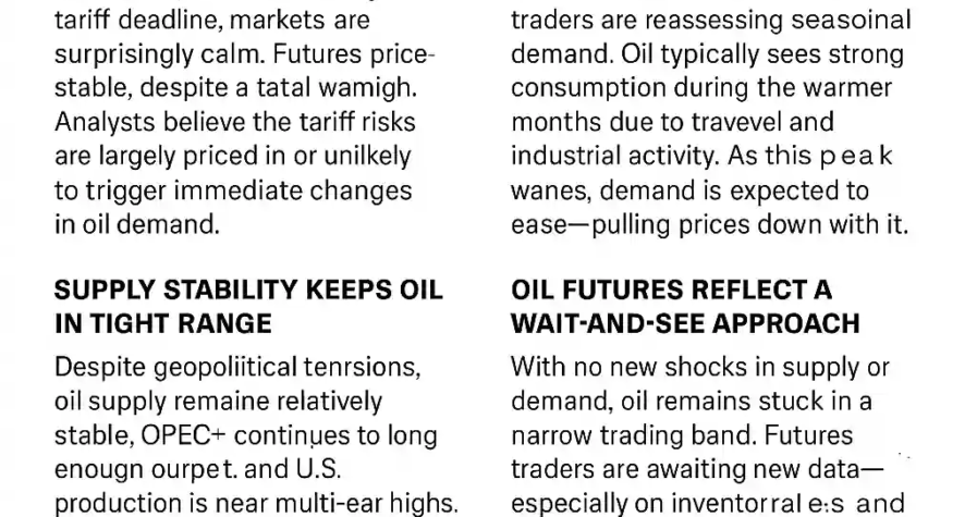 Infographic showing oil prices slipping due to weak demand, muted reaction to EU sanctions on Russia, and fading summer consumption.