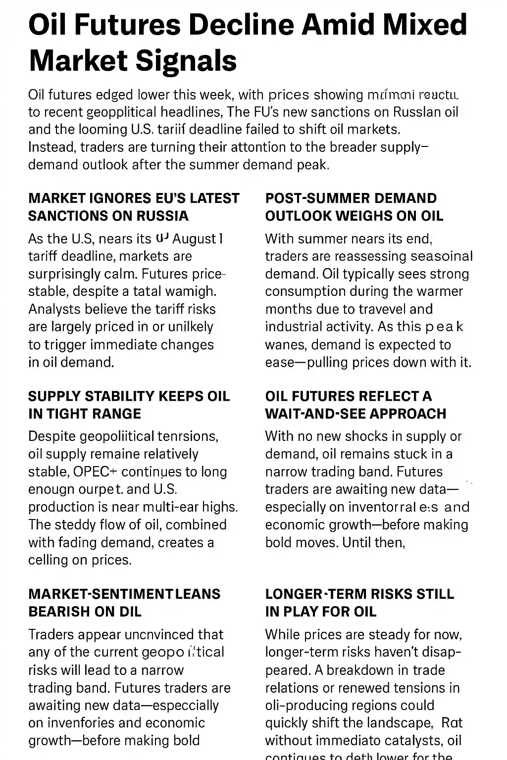 Infographic showing oil prices slipping due to weak demand, muted reaction to EU sanctions on Russia, and fading summer consumption.