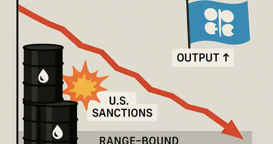 Infographic showing oil prices trending lower despite U.S. sanctions rhetoric, with stacked barrels, an OPEC+ output flag, and a supply-demand scale.