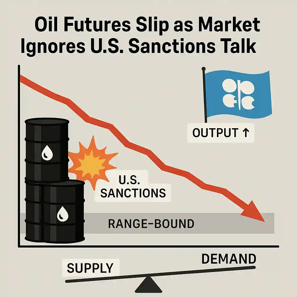 Infographic showing oil prices trending lower despite U.S. sanctions rhetoric, with stacked barrels, an OPEC+ output flag, and a supply-demand scale.