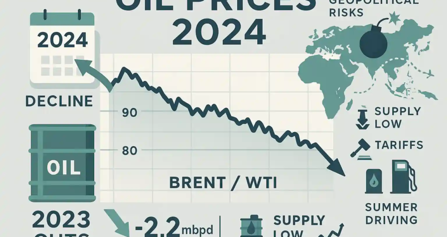 Line chart showing declining Brent and WTI oil prices with icons for tariffs, supply cuts, and summer driving.