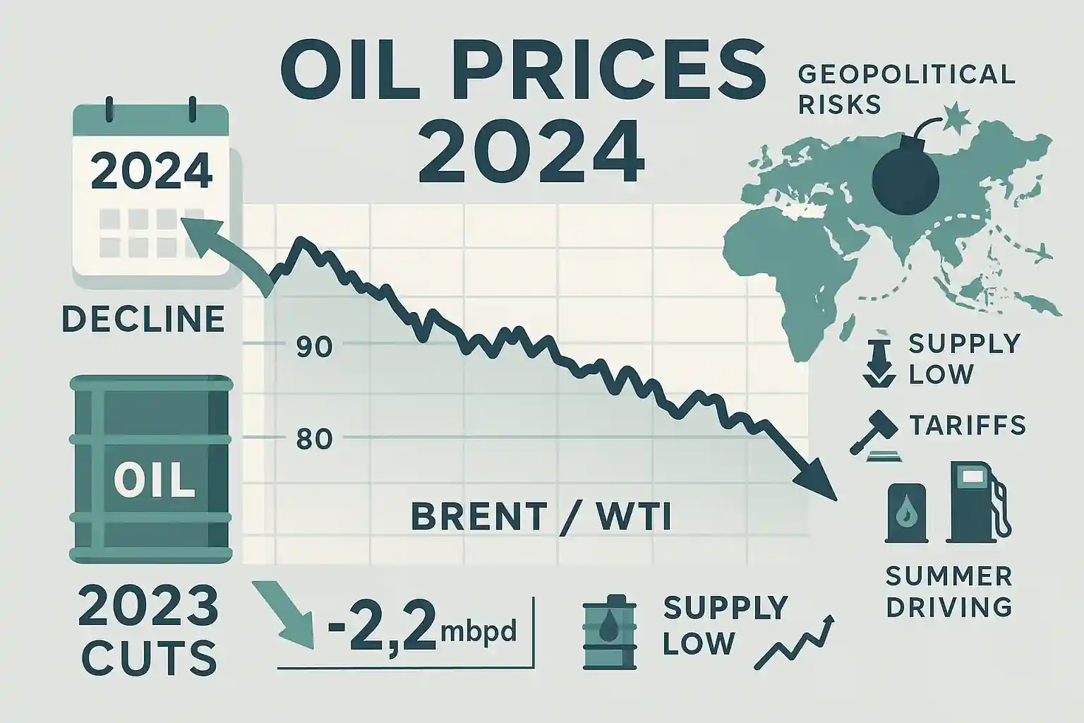 Line chart showing declining Brent and WTI oil prices with icons for tariffs, supply cuts, and summer driving.