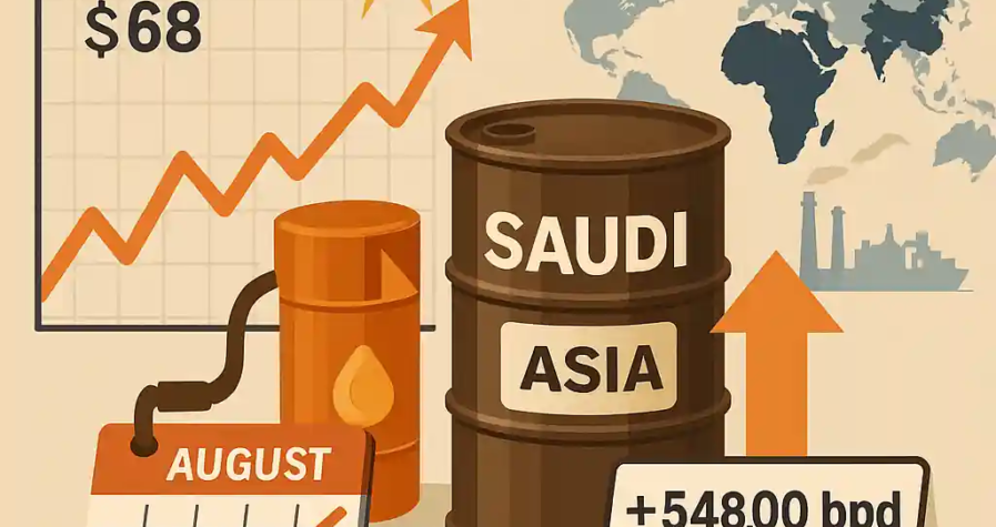Brent oil chart rising to $68, Saudi barrel labeled Asia, August calendar, and September output hike note.