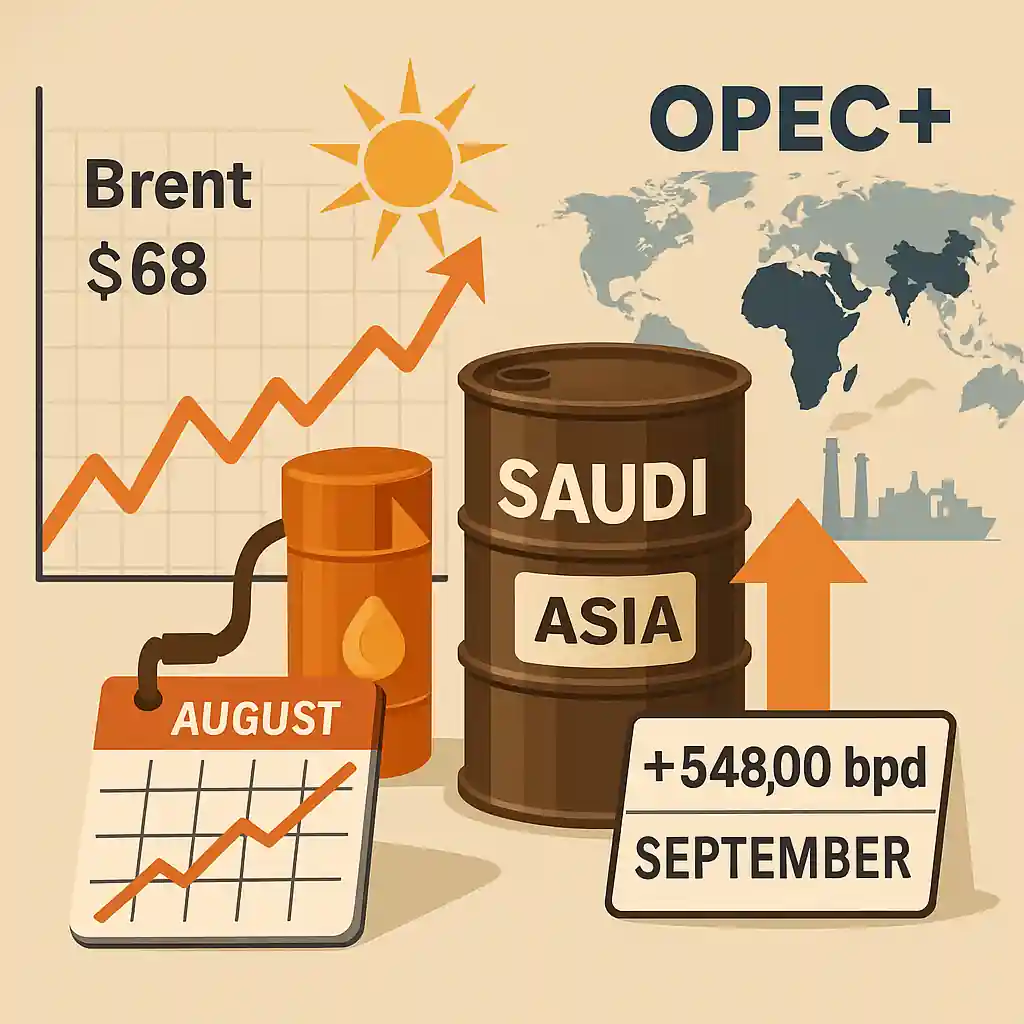 Brent oil chart rising to $68, Saudi barrel labeled Asia, August calendar, and September output hike note.