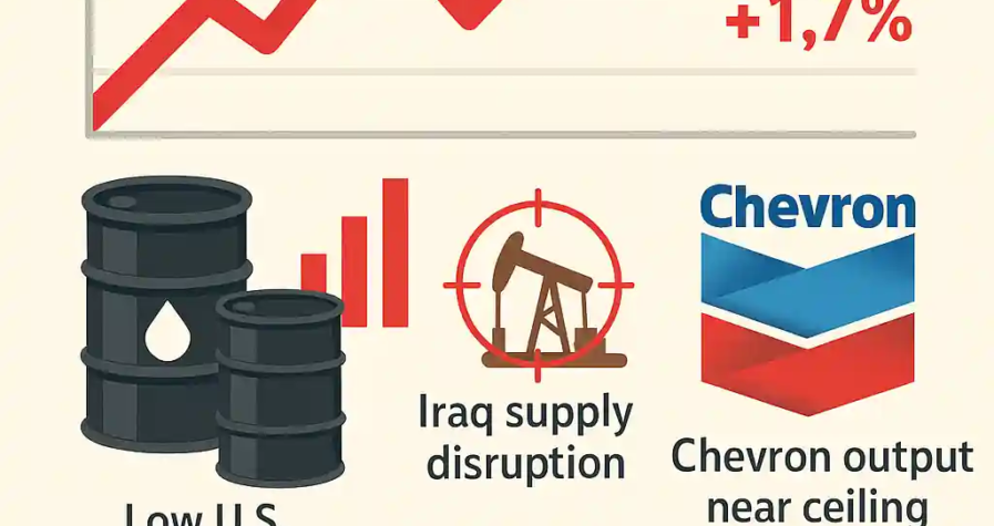 Infographic showing oil prices rising due to low inventories, Kurdistan disruptions, Chevron output ceiling, and equity market strength.