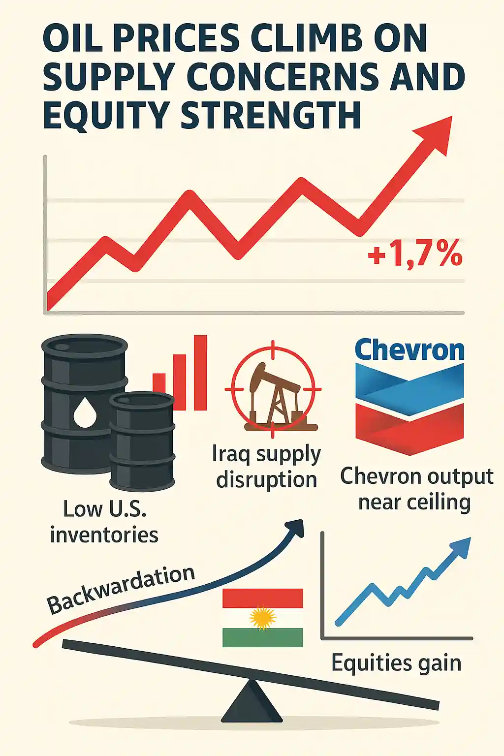 Infographic showing oil prices rising due to low inventories, Kurdistan disruptions, Chevron output ceiling, and equity market strength.