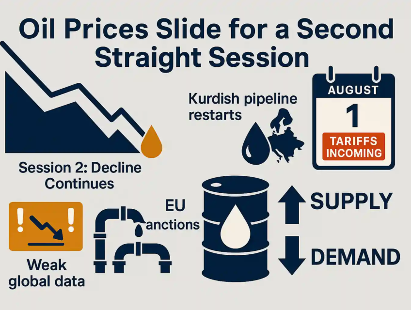 Flat-style infographic illustrating falling oil prices, increased OPEC+ production, and rising tariff threats impacting global energy markets.